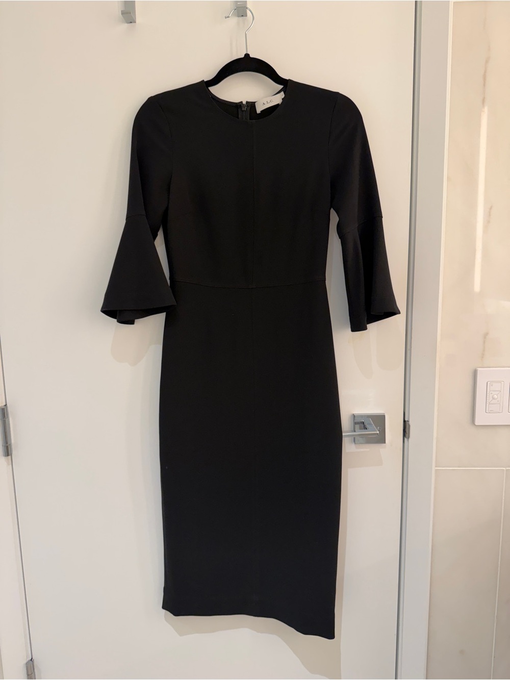 A.L.C. Black Midi Sheath Dress with Bell Sleeves